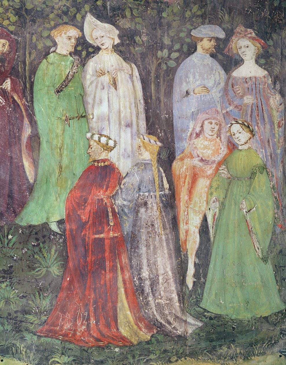 Juni måned, detalj om adelsmenn og kvinner som går, ca. 1400 (fresco) av Italian School