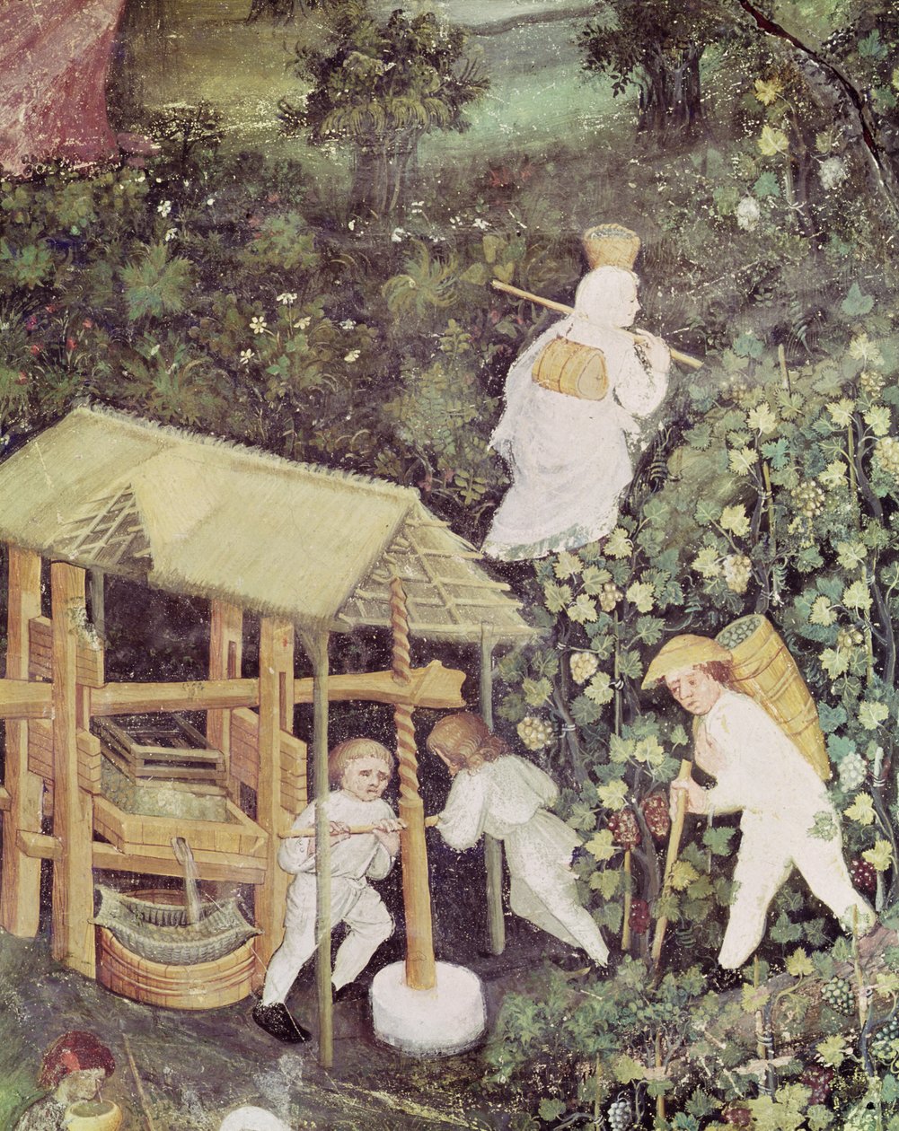 Oktober måned, detalj om drueplukkere som presser druer, ca. 1400 (fresco) av Italian School