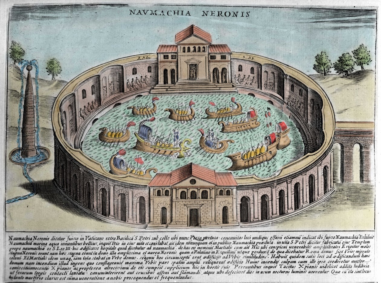 The Naumachia of Neron, representasjon av et sjøslag i Roma. Gravering (1600-tallet). av Italian School