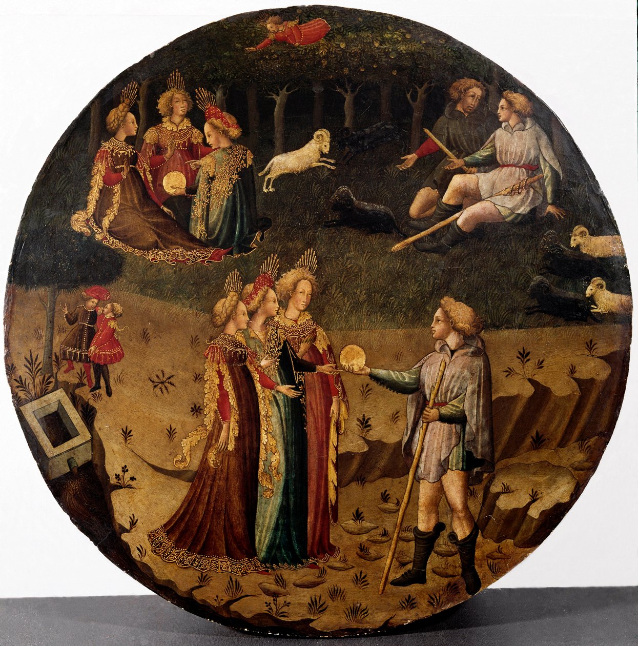 Paris-dommen. Hyrden Paris må velge hvem han vil gi gulleplet for å designe den vakreste av de tre gudinnene, Athena, Afrodite eller Hera. Maleri av den italienske skolen fra 1400-tallet Firenze, Museo Nazionale del Bargello av Italian School