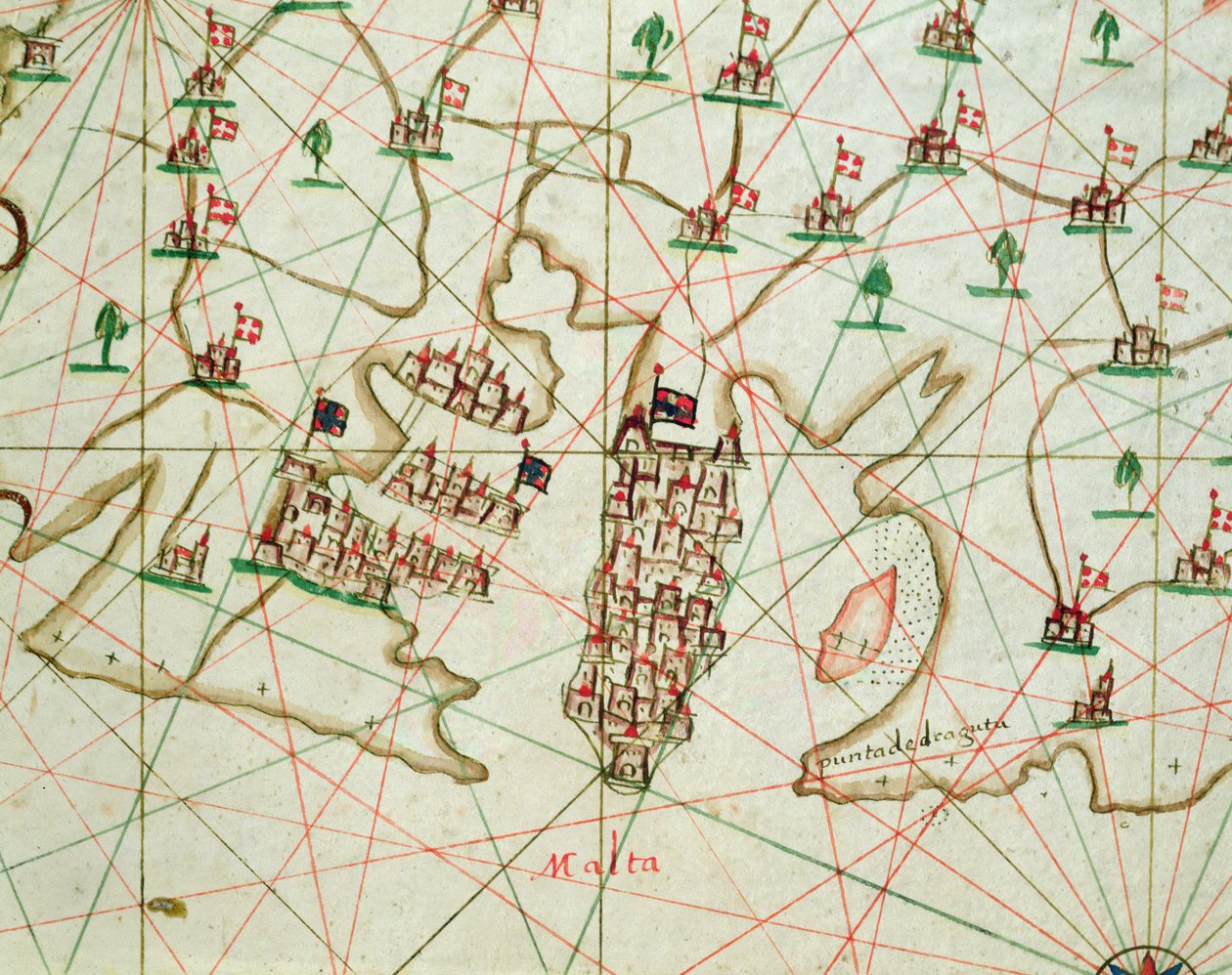 Havnen i La Valletta, fra et nautisk atlas, 1646 (blekk på vellum) (detalj fra 330944) av Italian School