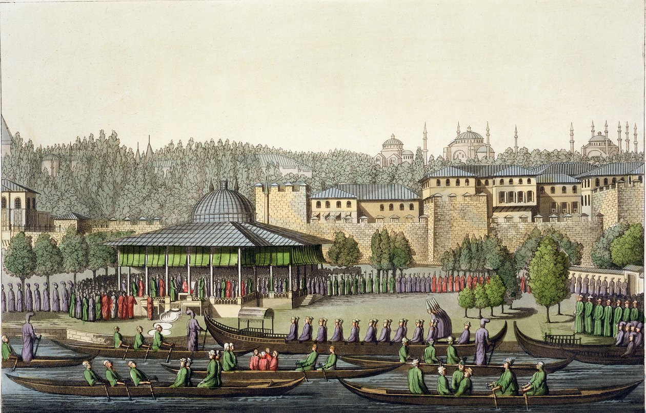 Presentasjonen av admiralen til sultanen, plate 14 fra del III, bind I av The History of the Nations, gravert av Giacomo Bussi, ca. 1820 (akvatint) av Italian School