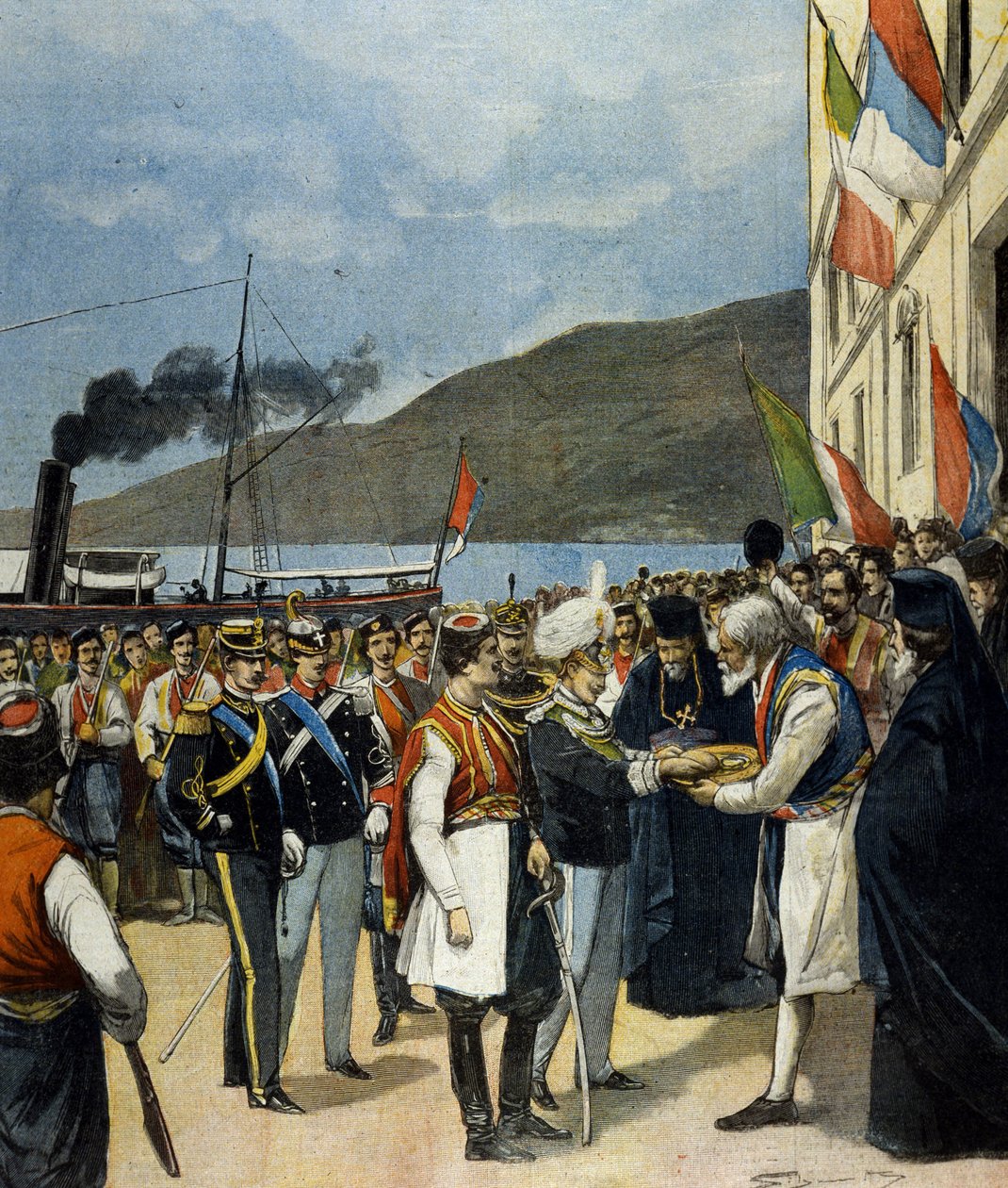 Prinsen av Napoli - da Victor Emmanuel III (Victor-Emmanuel) (Vittorio Emanuele) - mottar i Rijeka, ifølge tradisjonen, brød og salt fra familien til Helene de Montenegro. av Italian School
