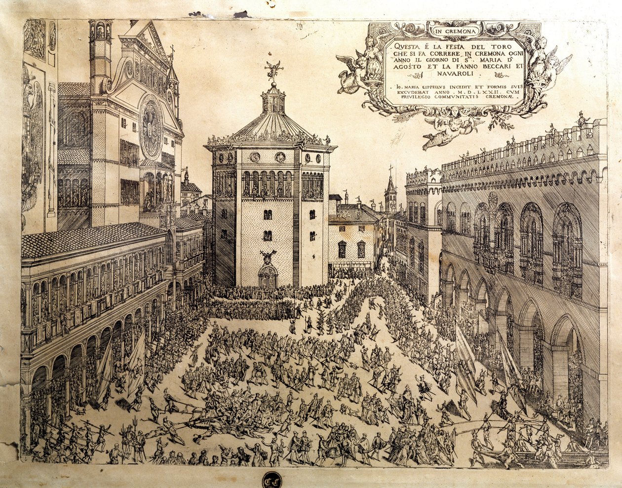 Taurus-festen på det store torget i Cremone (Cremona) i Italia. Gravering av Cremona fra 1500-tallet, Museo Civico Italia av Italian School