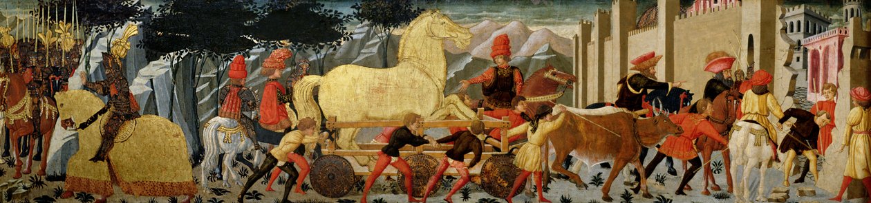Den trojanske hesten (olje på panel) av Italian School