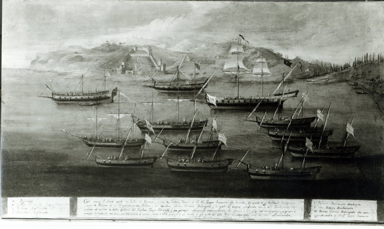 Den venetianske flåten ledet av kaptein Ivanovich da Dabrota mot tyrkiske pirater ved Durazzo, 1756 av Italian School