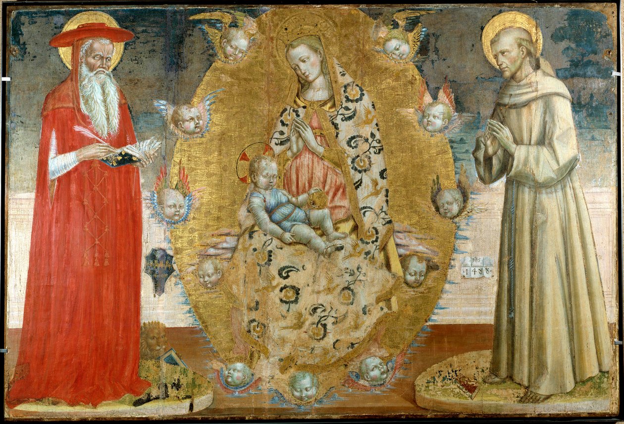 Jomfruen og barnet med Saint Francois og Saint Jerome Tremaleri av den italienske skolen på 1300-tallet. Musee du Peinture Palais, Avignon av Italian School