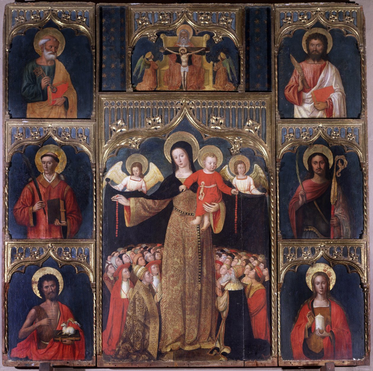 Jomfruen med Kristusbarnet: Vår Frue (Vår Frue) altertavle av rosenkransen. Seks helgener omgir jomfruen: Saint Peter, Saint John the Baptist som holder Guds lam, Saint Barthelemy, Saint Stephen, Saint Julian, Saint Mary Madeleine. Over, crucen av Italian School