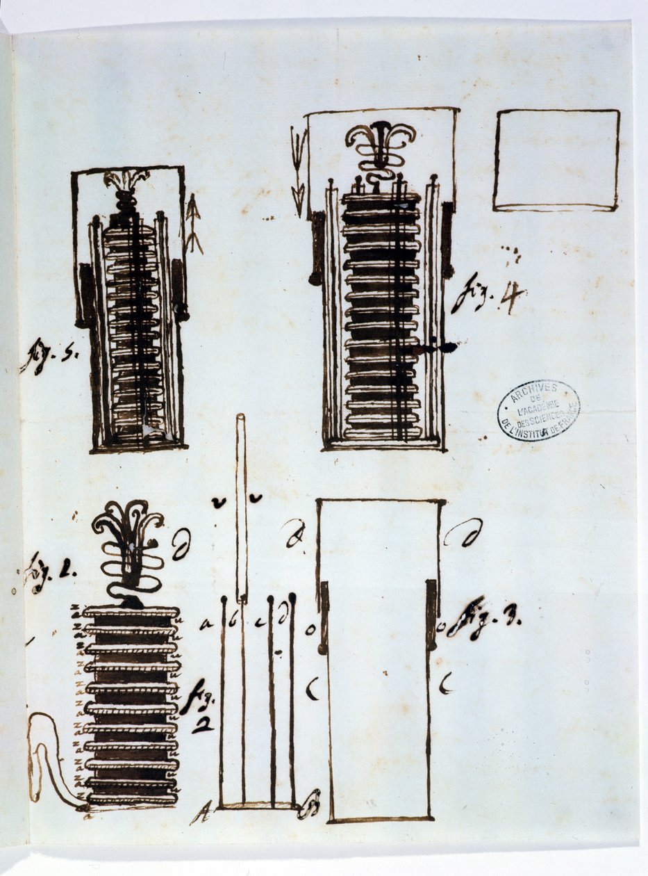 Voltaisk haug (batteri). Tegning fra et brev fra Alessandro Volta (1745-1827) til Dieudonne Dolomieu (1750-1801) om galvanisme, 1801 (penn og blekk på papir) av Italian School