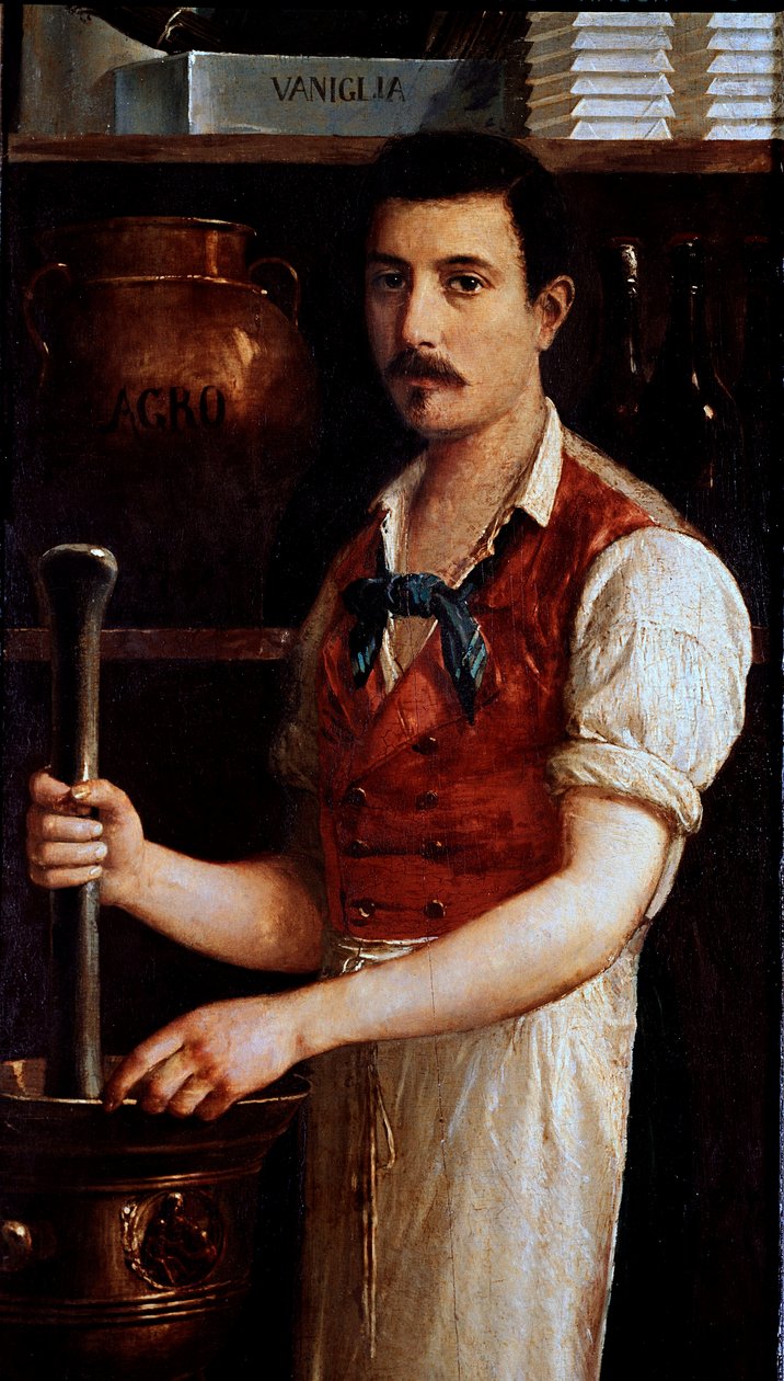 Den håndverksmessige produksjonen av sjokolade Kakaobønnene males. Anonym maleri av et skilt. 1875-1900 Milano, museo di Milano av Italian School