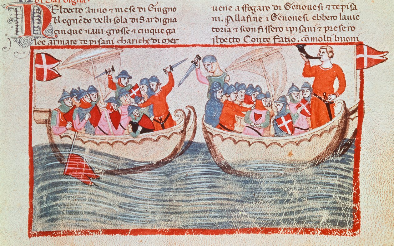 Slaget ved Meloria, miniatyr fra New Chronicles av Giovanni Villani, Italia 14. århundre. av Italian School