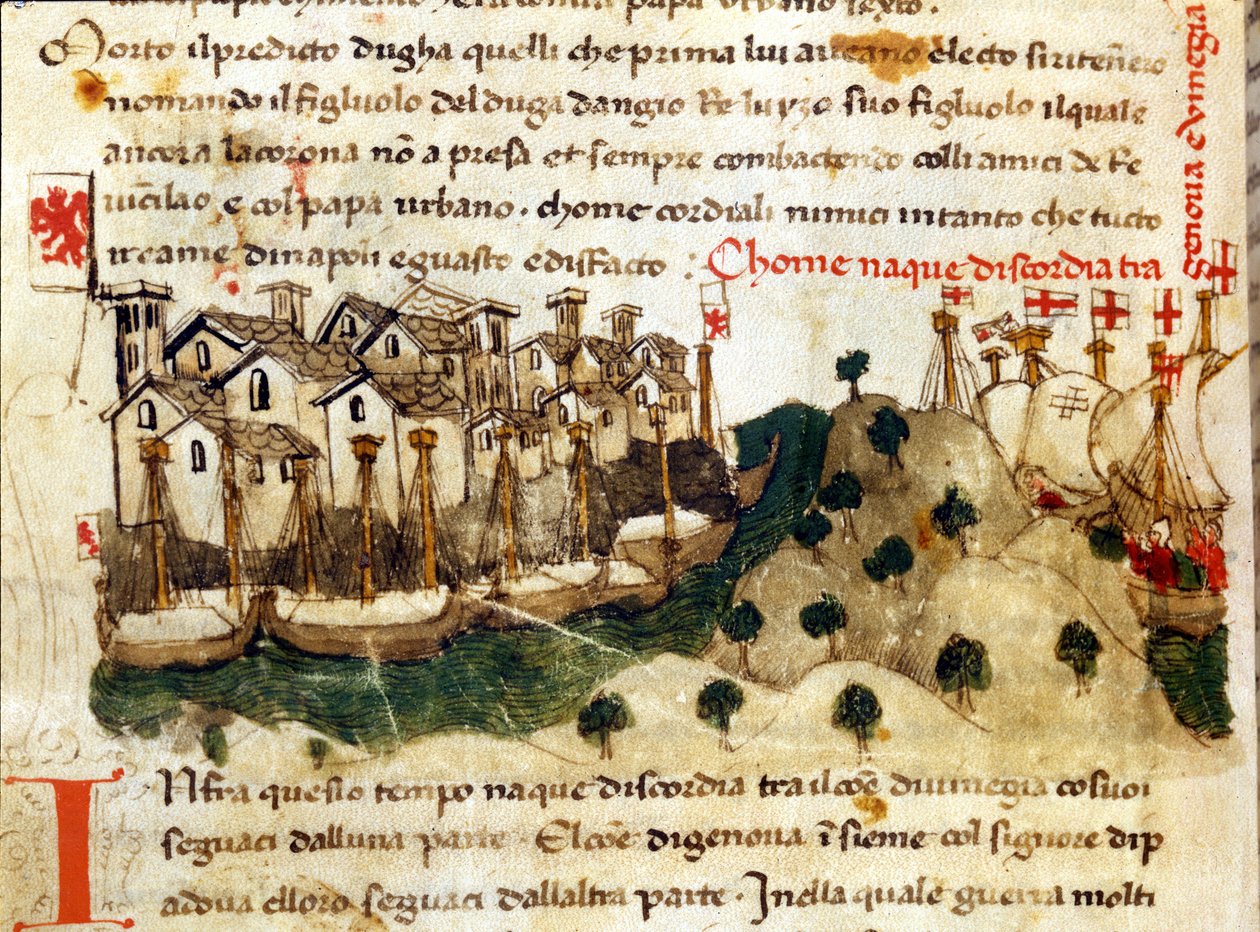 Begynnelsen på Chioggia-krigen mellom Genova og Venezia. Chronicles of Sercambi. Nasjonalarkivet, Lucca. av Italian School