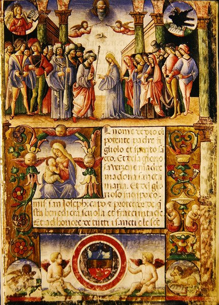 Jomfruens forlovelse, fra en Mariegola fra lekmannslauget St. Joseph og St. Sylvester, 1315 (blekk på vellum) av Italian School