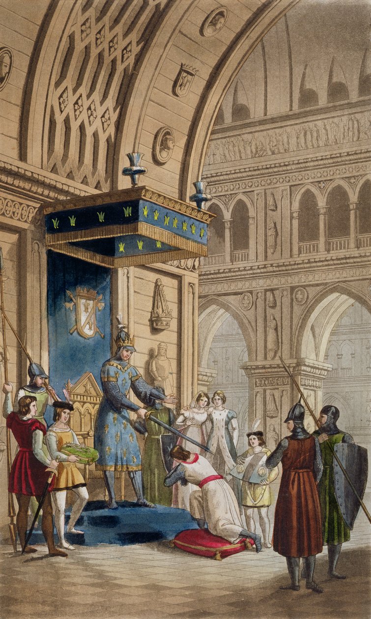 Opprettelsen av en tempelridder, fra et manuskript av Romance of Lancelot of the Lake, publisert ca. 1820-30 av Italian School