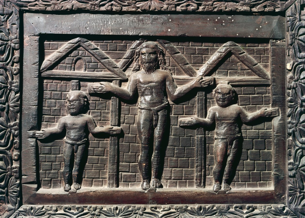 Kristi korsfestelse, flis fra hovedinngangen av sypresstre, basilikaen Santa Sabina, Roma, Lazio, Italia, 500-tallet av Italian School