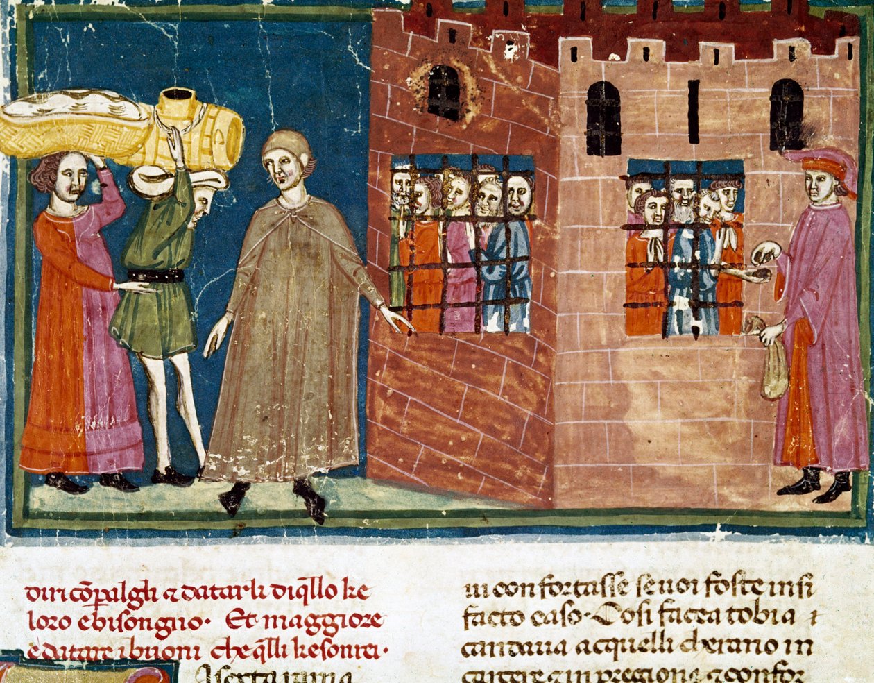 Utdeling av måltider til fanger Miniatyr av den florentinske skolen hentet fra en utvidelsesutgave av "Pater noster" av Ser Zucchero Bencivenni (MS.II.VI 16) begynnelsen av 1300-tallet Firenze, nasjonalbiblioteket av Italian School