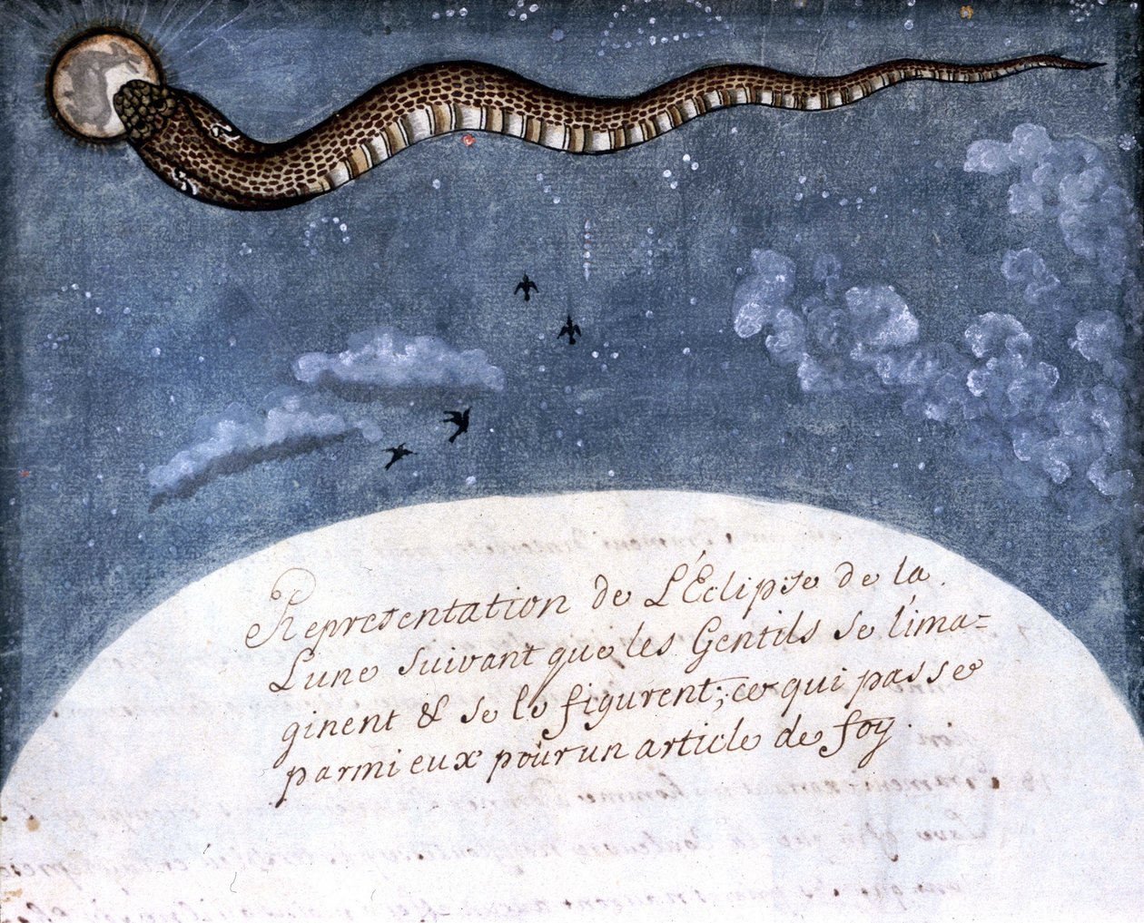 Måneformørkelsen forestilt av Mogol-indianerne (en slange som fortærer månen) Side hentet fra manuskriptet (ms.8300) "History of Mogol" (Moghul eller Moghol) av Stefano Nivibus Cardeira. 18. århundre. Bibloteca marciana, Venezia av Italian School