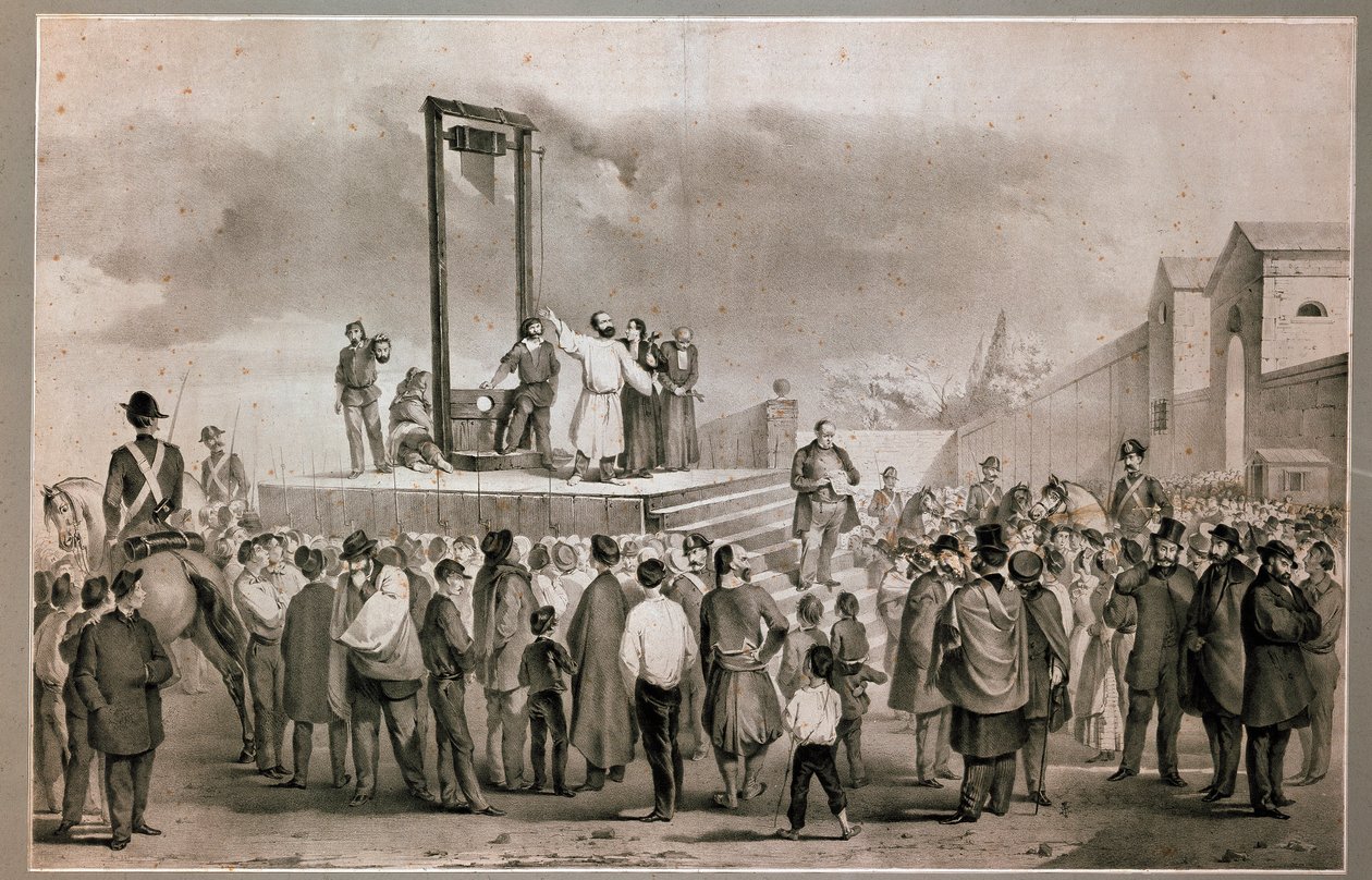 Henrettelsen 13.03.1858 av Felice Orsini (1819 - 1858) og Pieri som utførte angrepet 14. januar 1858 mot Napoleon III på Place de la Roquette i Paris Litografi fra slutten av 1800-tallet. Milan Museo del Risorgimento av Italian School