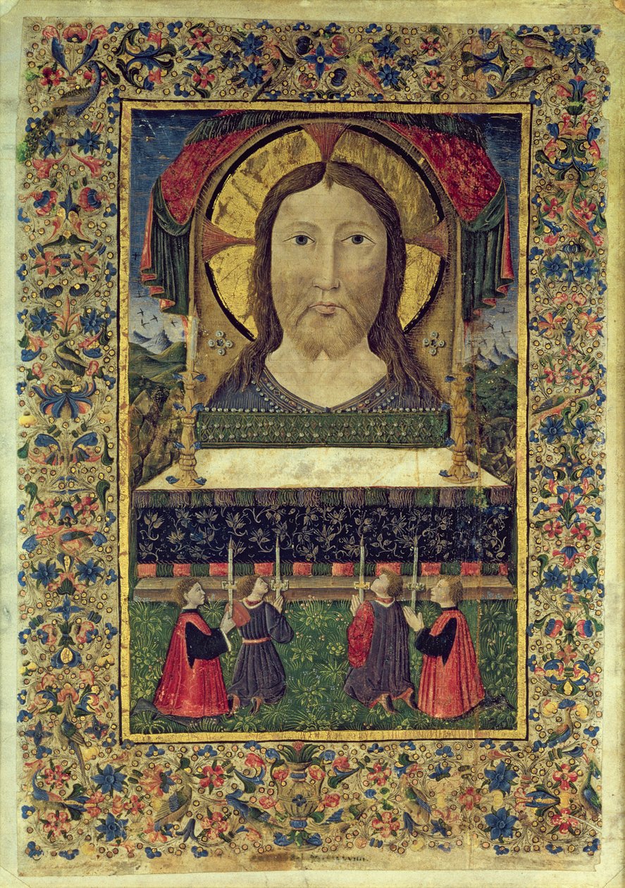 De fire vaktene til Arciconfraternita del SS. Salvatore kneler foran Kristi ansikt (vellum) av Italian School