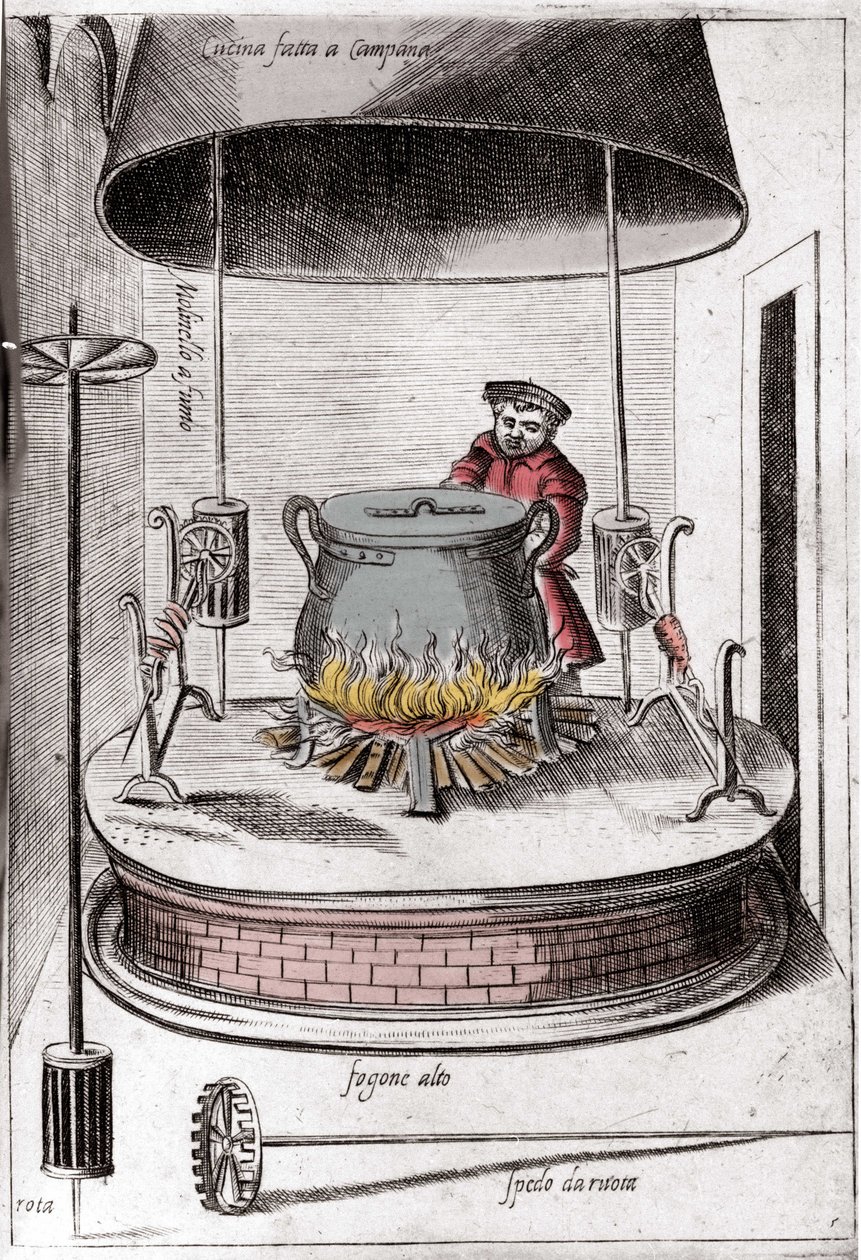 Kjøkkenet under en bjelle. Gravering fra "Opera", bok om gastronomi delt i 6 deler, av Bartolomeo Scappi, personlig kokk til pave Pius V. Venezia av Italian School