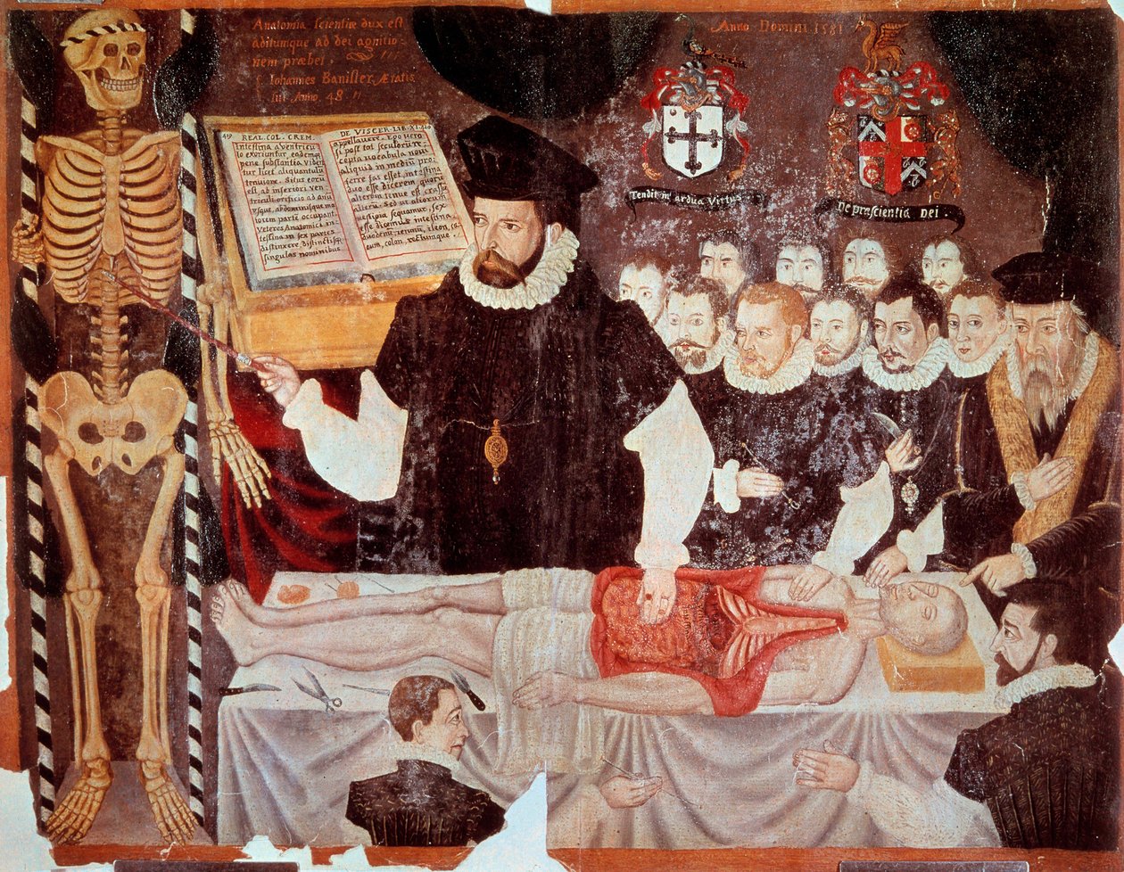 Forelesningen om anatomi holdt av John Banister (1533-1610) i Barber Surgeons Hall i 1548 Frontispice-maleri av "" De re anatonomica" av Matteo Realdo Colombo (Renaldus Columbus) (1516-1559) 1580. Paris, B.N. - John Banister (1533-1610) gir en ana av Italian School