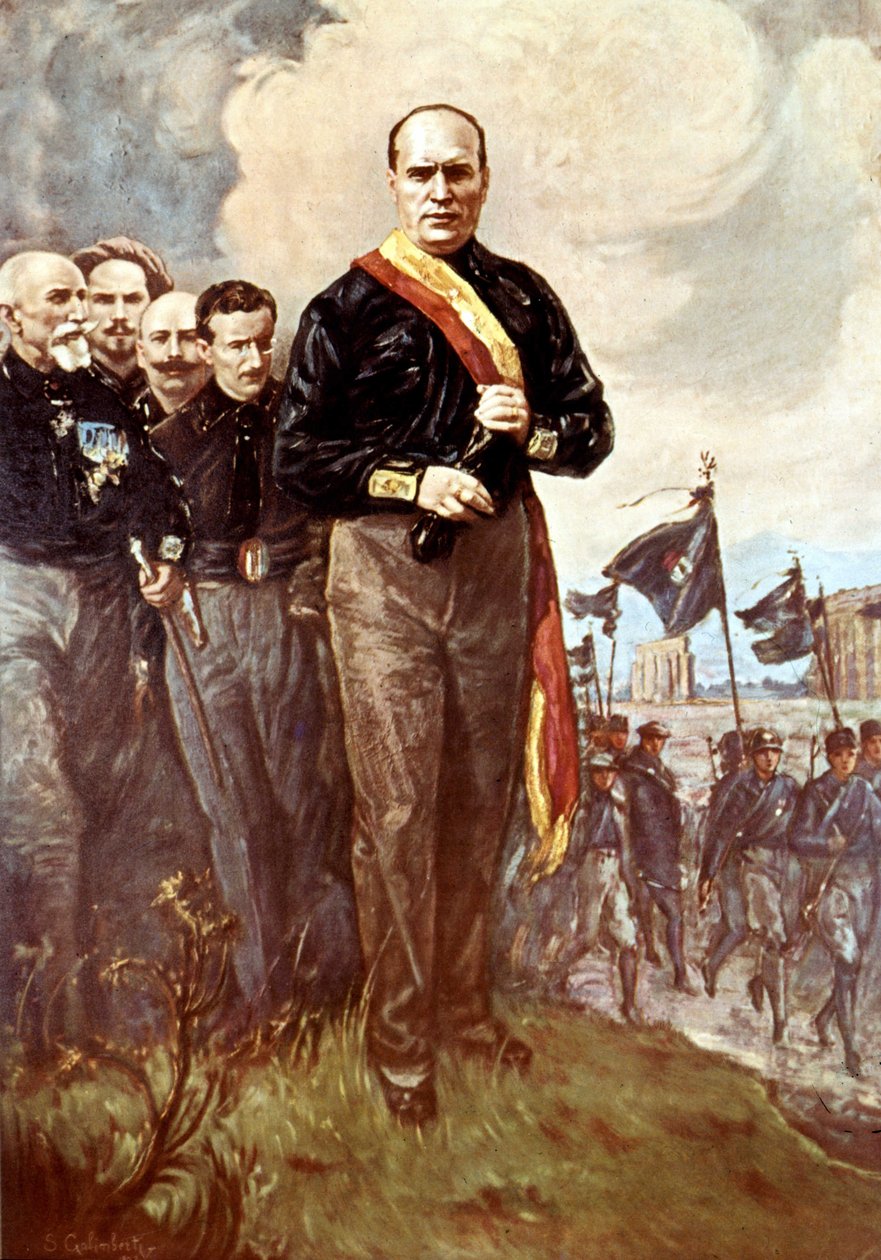 Marsjen mot Roma: Benito Mussolini går mot Roma omgir svarte skjorter den 28.10.1922 etter det (forsvunnede) maleriet av S. Galimberti. av Italian School