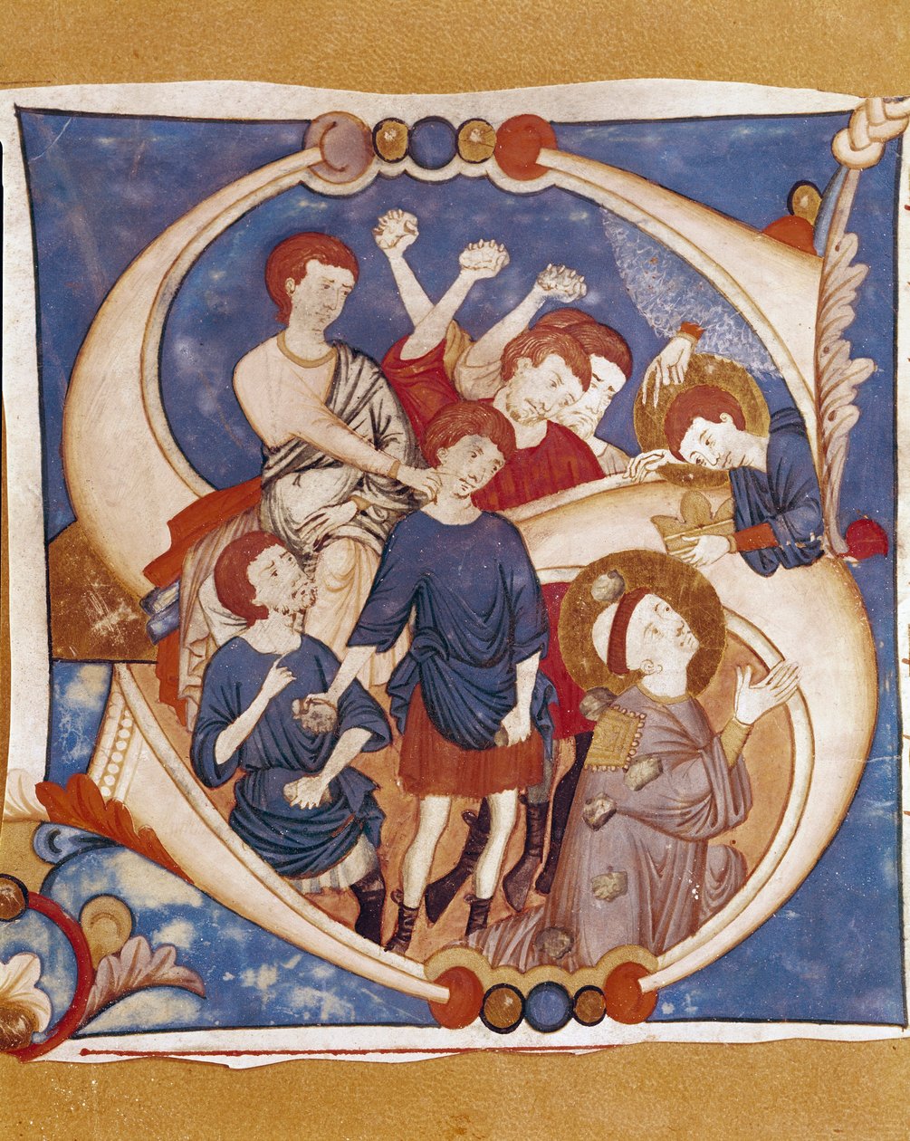 St. Stephens martyr (Stephane, Stefano) Steiningen av den første kristne martyren i det 1. århundre. Opplyst lettrine av et manuskript fra skolen i Umbria. 1300-tallet. Citta di Castello, Biblioteca Civica av Italian School
