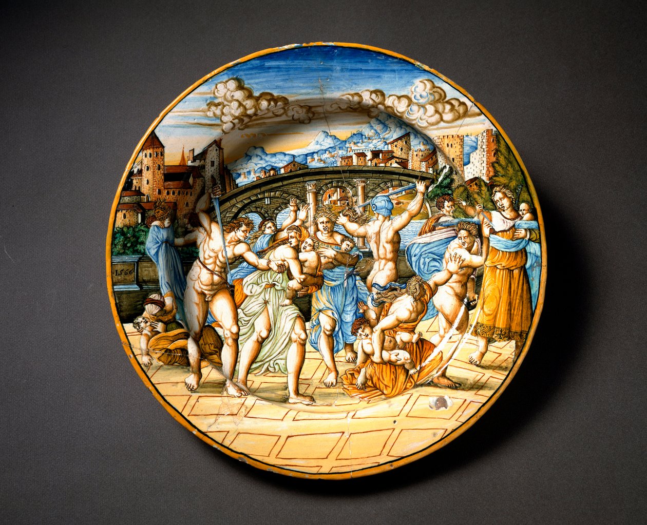 Massakren på de uskyldige. Keramisk plate produsert i Urbino i verkstedet Fontana, Italia. 1566 rundt Firenze, Museo Nazionale del Bargello av Italian School
