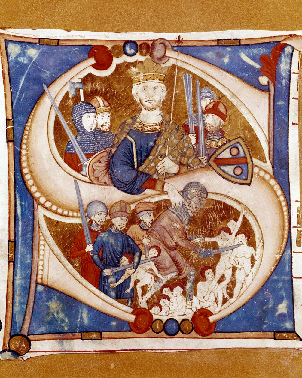 Massakren på den uskyldige kong Herode I den store (73-4 f.Kr.) er en representant som beordrer massakren på de nye (nye) i Betleem. Opplyst lettrine av et manuskript fra skolen i Umbria. 1300-tallet. Citta di Castello, Biblioteca Civ av Italian School