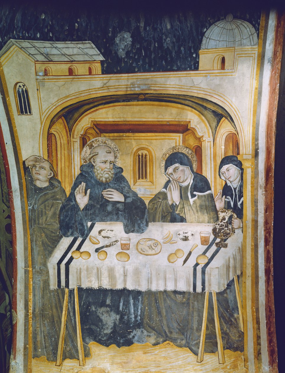 Regnets mirakel etter intervensjonen fra St. Scholastica under måltidet med hennes bror, St. Benedict av Italian School