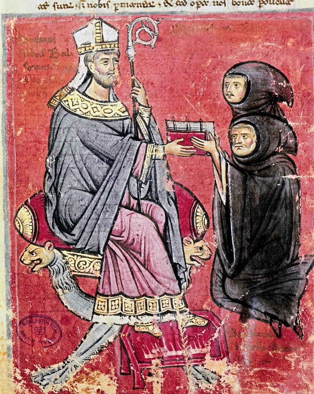 Munken Benedetto da Bari (som representerer unge og gamle for å indikere at det å skrive arbeidet hans har sysselsatt hele livet hans) overleverte til abbeden Balsamo (1200-tallet), leder av benediktinerklosteret Cava de Tirreni, hans kodeks De Septem Sigi av Italian School