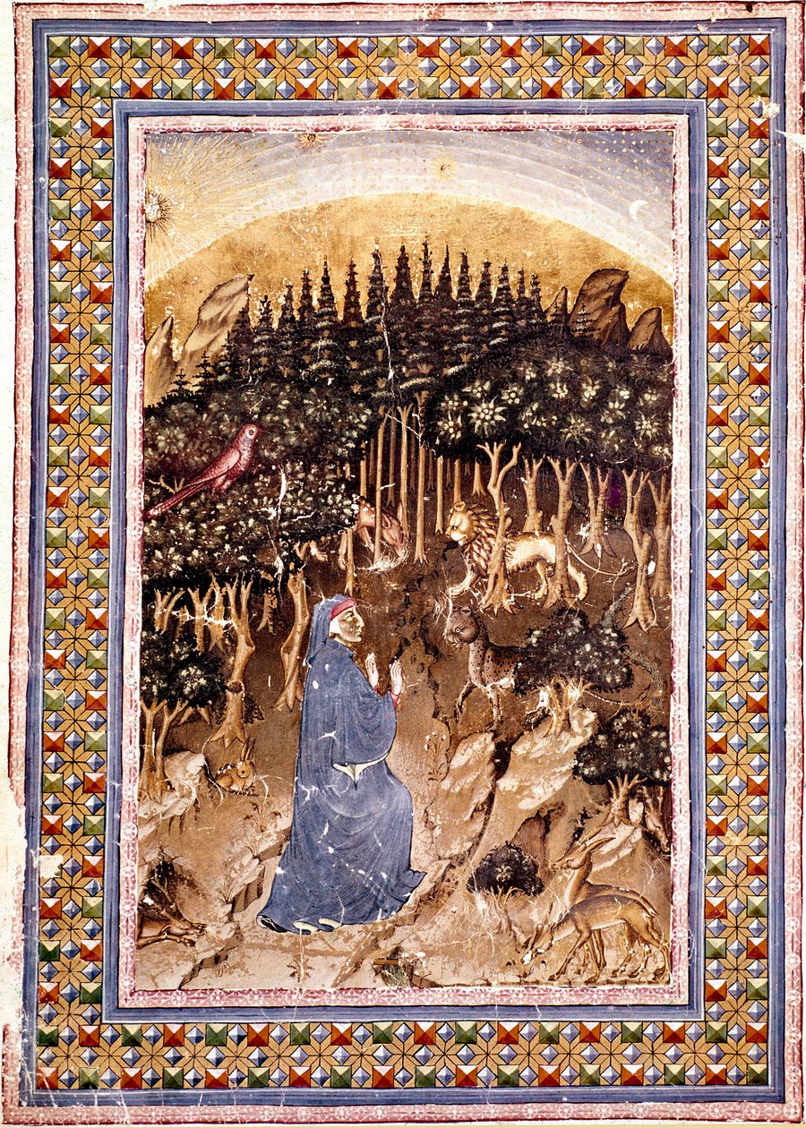 Poeten Dante befinner seg i en mørk skog. Den opplyste siden av den første helvetesangen er hentet fra "Divina Commedia" (Divine Comedy) av Dante Alighieri (1265-1321). Manuskript Ms. Conv. Soppr. 204 av Italian School