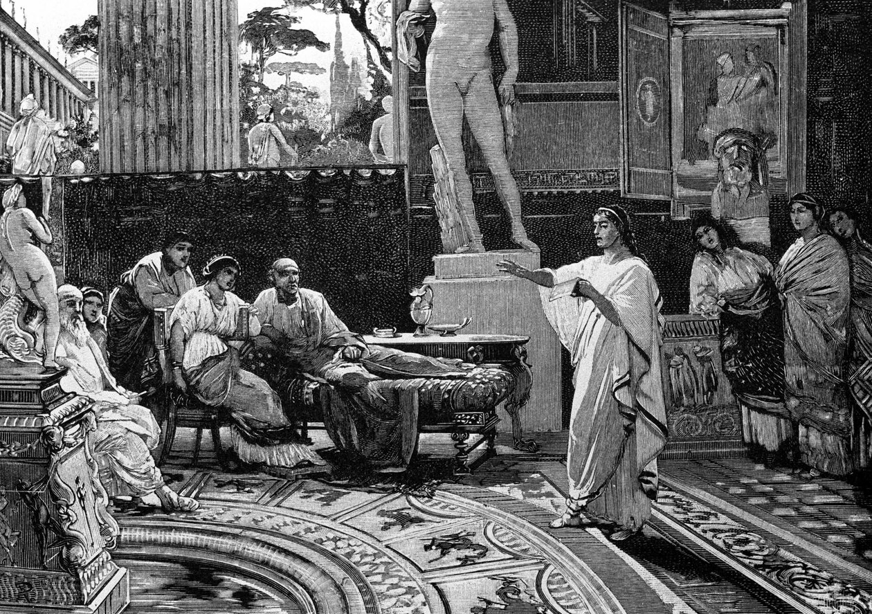 Poeten Virgil (70 f.Kr. - 19 f.Kr.) hevder "Aeneiden" til den romerske ridderen Mechaen. Illustrasjon av Francesco Pogliaghi, "" Storia d