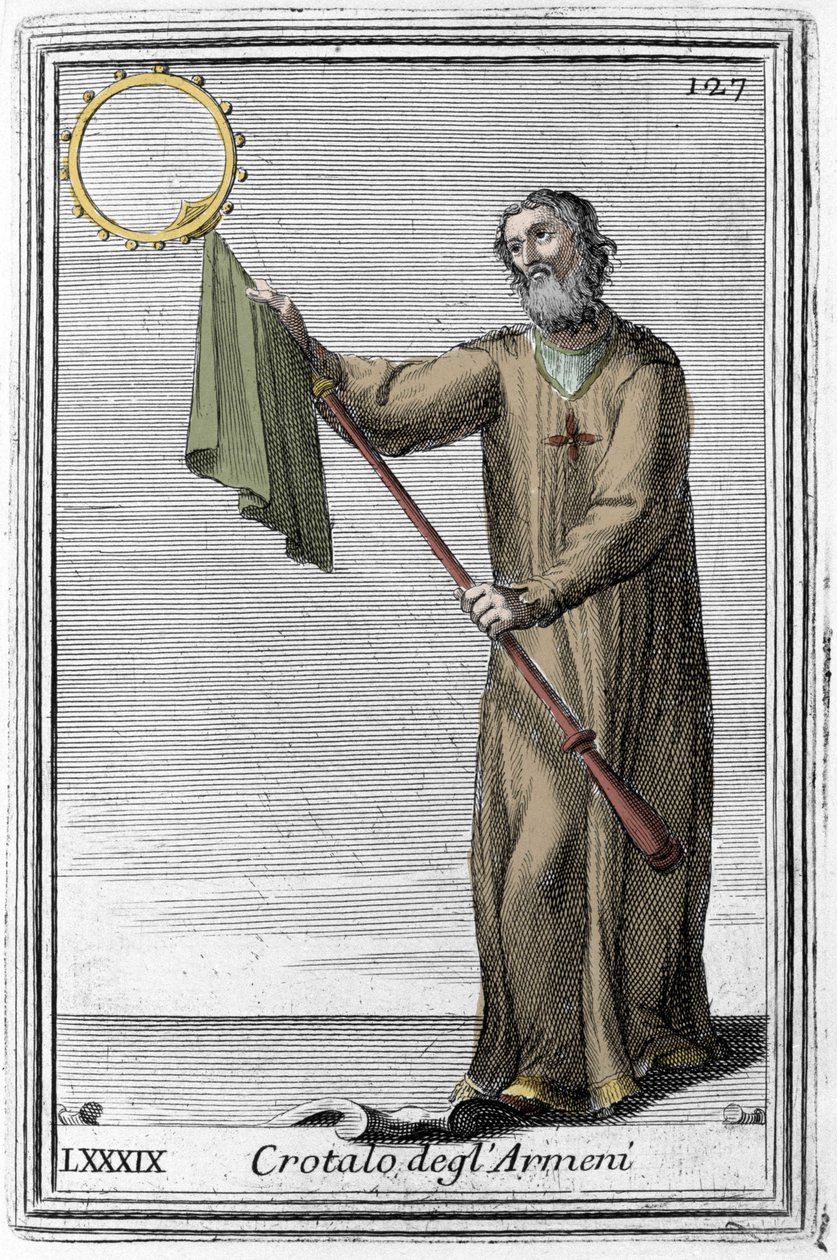 Armenernes klapperslange: et forfedres musikkinstrument til kastagnetten. Gravering fra "Gabinetto Armonico pieno d'Instromenti", studie på musikkinstrumenter, av Jesuite Filippo Bonanni (1658-1723) 1725. av Italian School