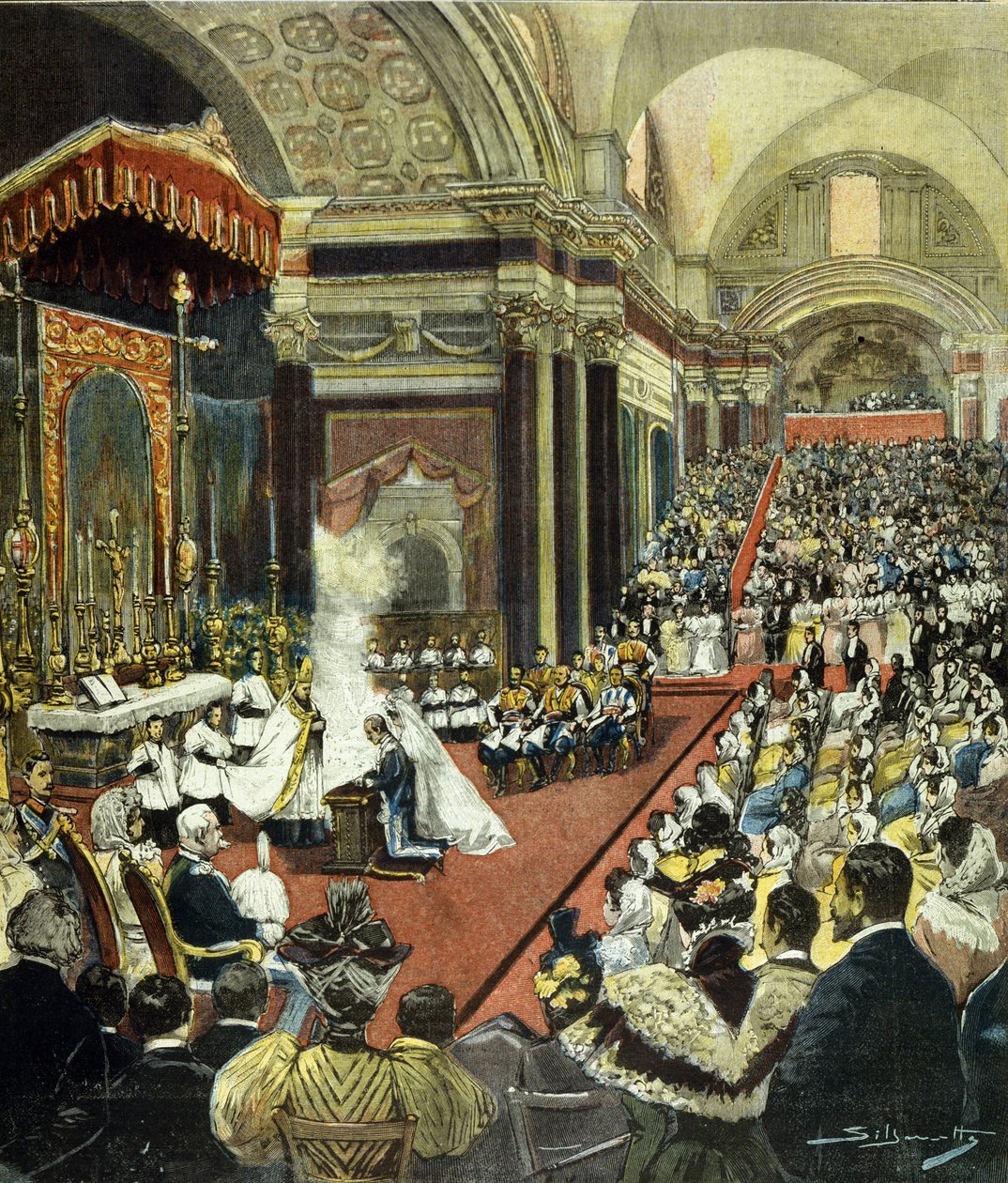 Det religiøse ekteskapet til den som skal bli kong Victor Emmanuel III (Victor-Emmanuel) (Vittorio Emanuele) med prinsesse Helene av Montenegro i kirken Santa Maria degli Angeli i Roma i 1896. av Italian School