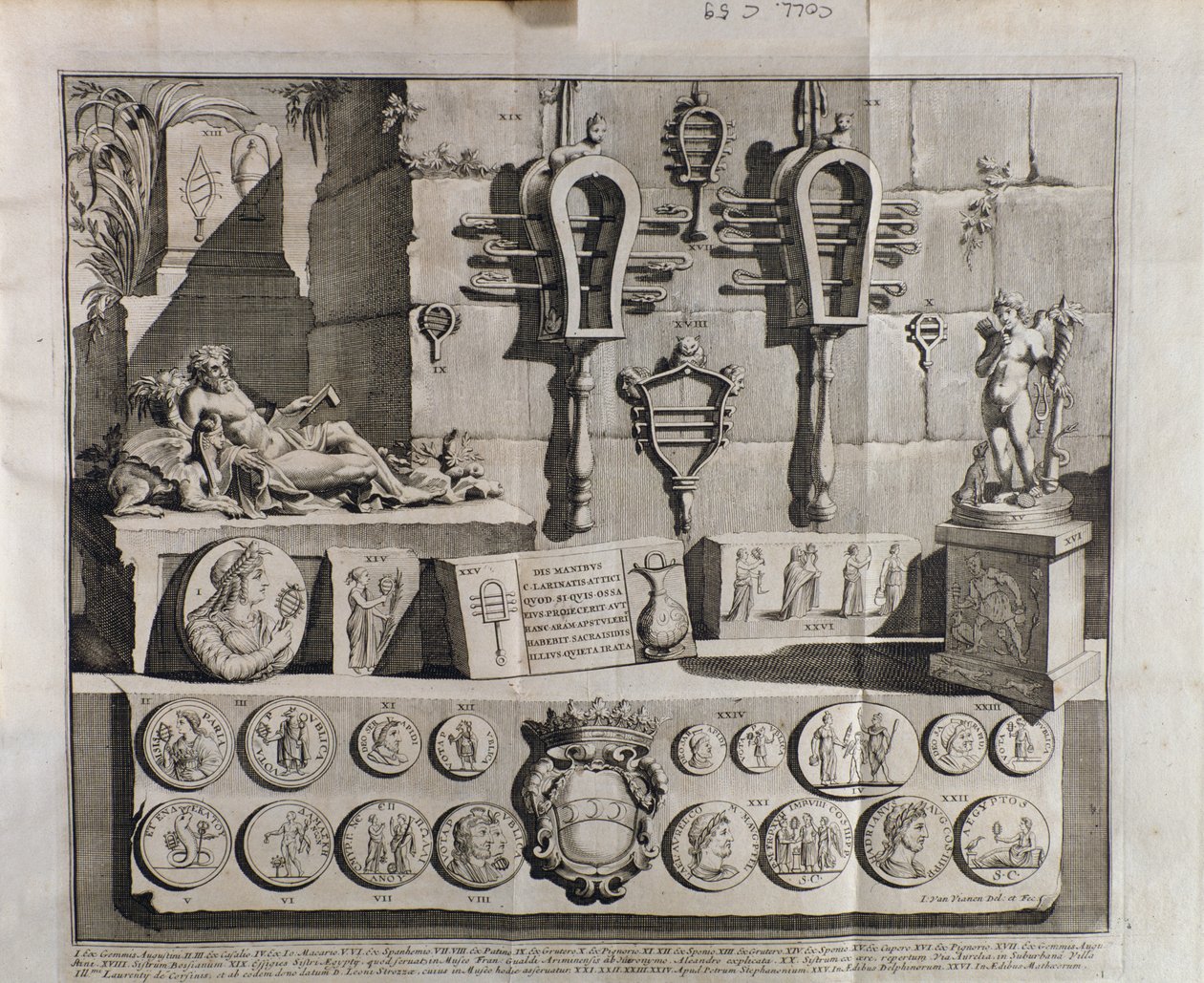 The sistrum (sistra), forskjellige representasjoner fra De sistrum av Benedictus Bacchinius (1651-1721) av Italian School