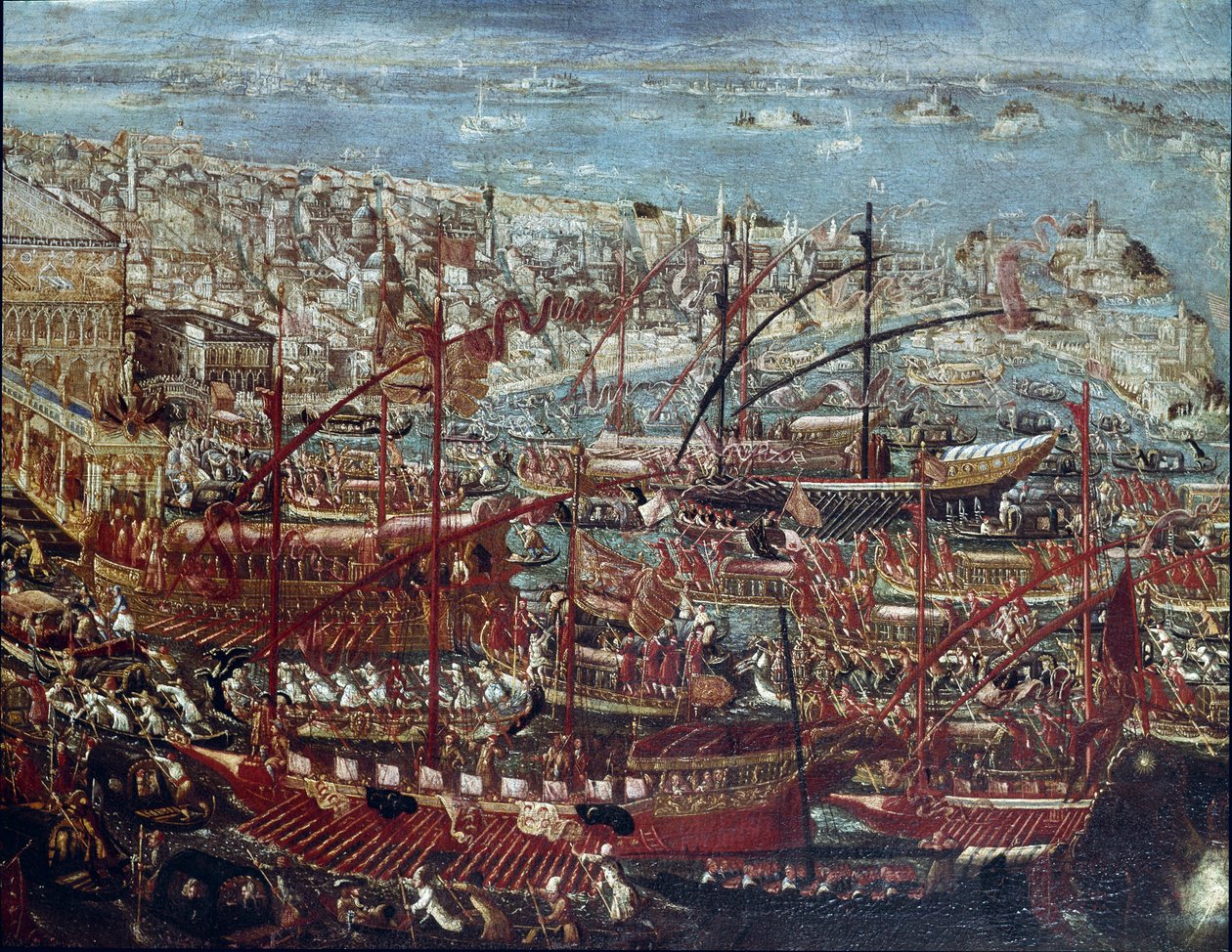 Den triumferende returen av den venetianske flåten til arsenalet etter kampanjen ledet av Doge Francesco Morosini mot tyrkerne i 1659 Maleri av den venetianske skolen - 1600-tallet - Venezia, Correr Museum av Italian School