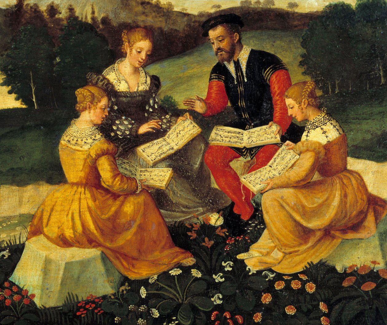 Vokalkonserten Painting of the Italian School. Det 16. århundre. Bourges, Hotel Lallemant - Den bukoliske konserten. Maleri av den italienske skolen. Det 16. århundre. Hotel Lallemant, Bourges, Frankrike av Italian School