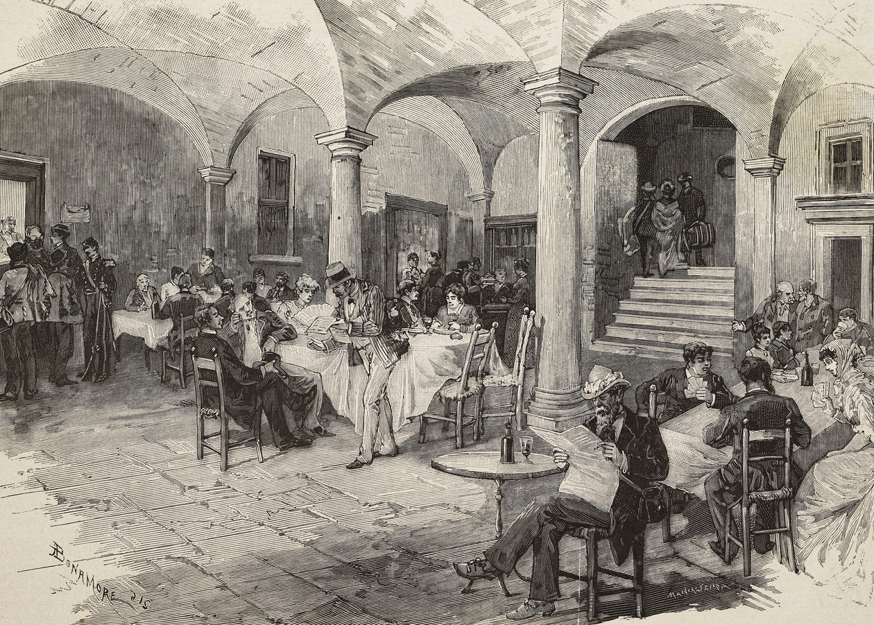 Tredjeklassepassasjerer og førsteklasses karantenepassasjerer, desinfiserende bagasje, Quarcino-slottet, ved den sveitsiske grensen, koleraepidemi, Italia, gravering av Mancastropa fra tegning av Bonamore, fra L'Illustration Italiana, nr. 31, 3. august av Italian School