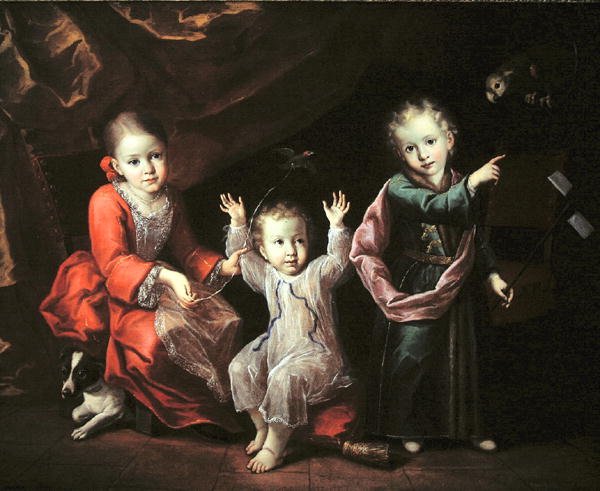 Tre barn i et interiør omgitt av deres kjæledyr, ca. 1680 (olje på lerret) av Italian School