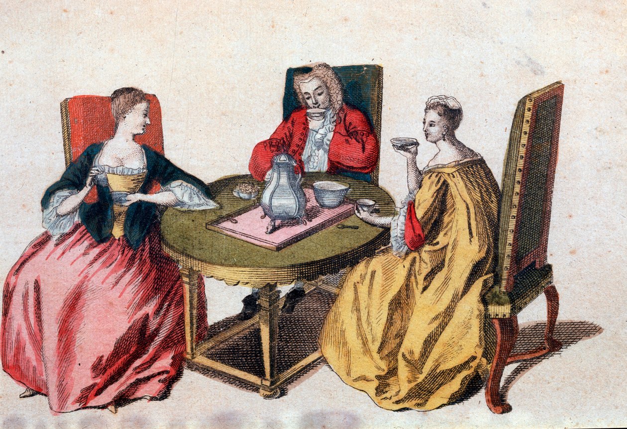 Tre venetianske adelsmenn nyter en sjokoladegravering fra 1700-tallets Venezia, Correr museum av Italian School