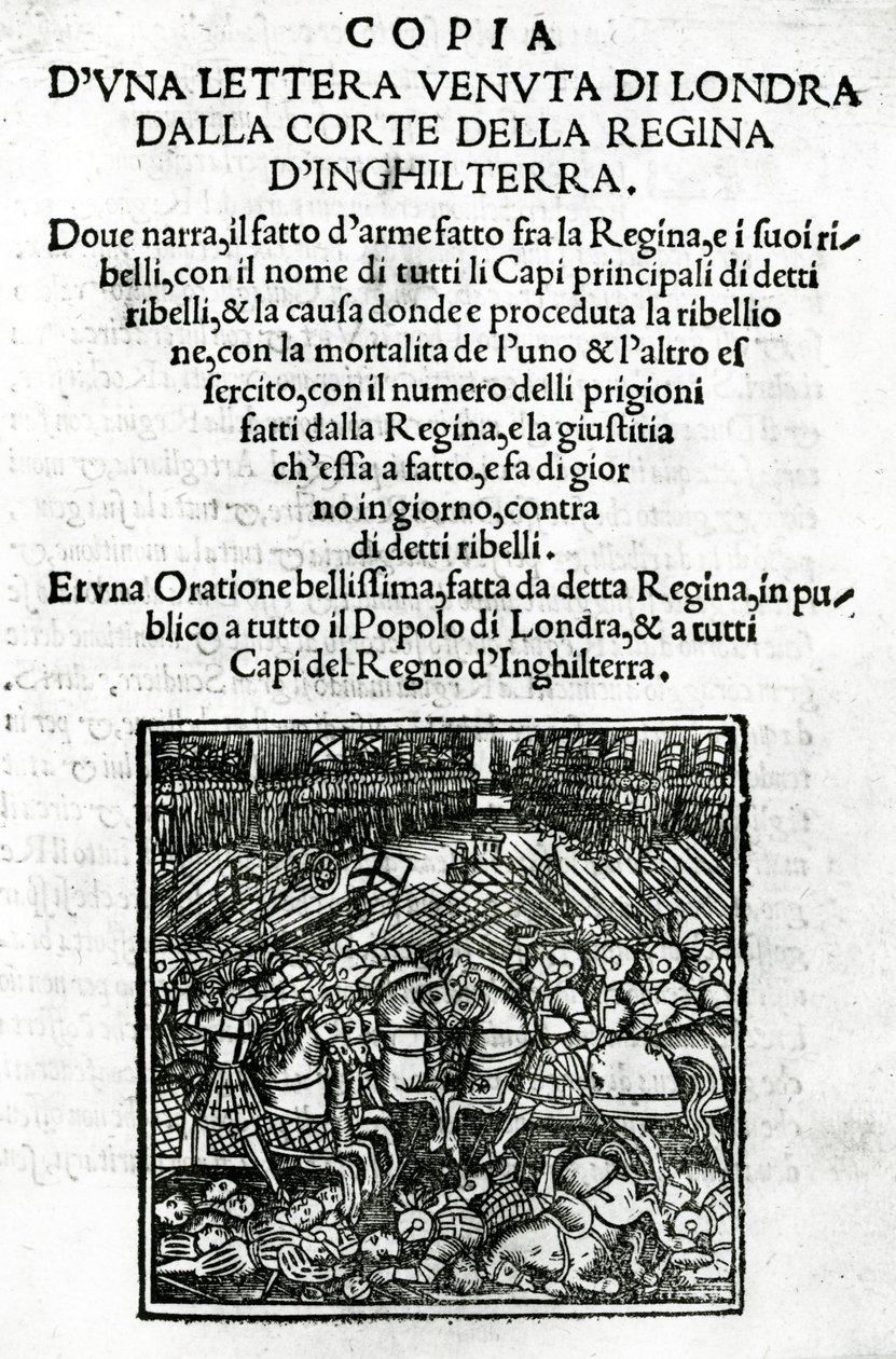 Tittelside for en kopi av et brev sendt fra domstolen til dronningen av England (tresnitt og boktrykk) av Italian School