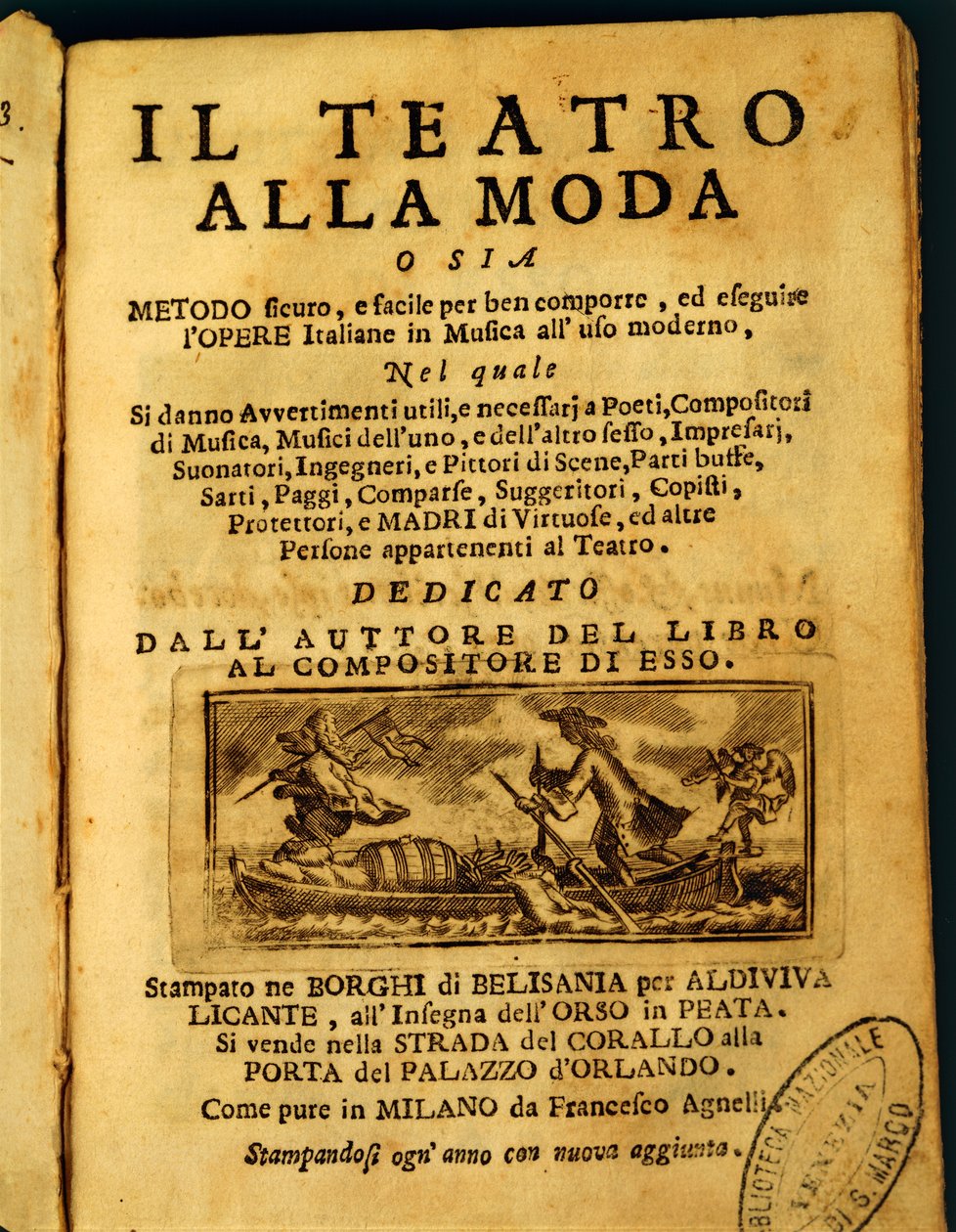 Tittelside til 'Teatro della Moda', av Benedetto Marcello (litho) av Italian School
