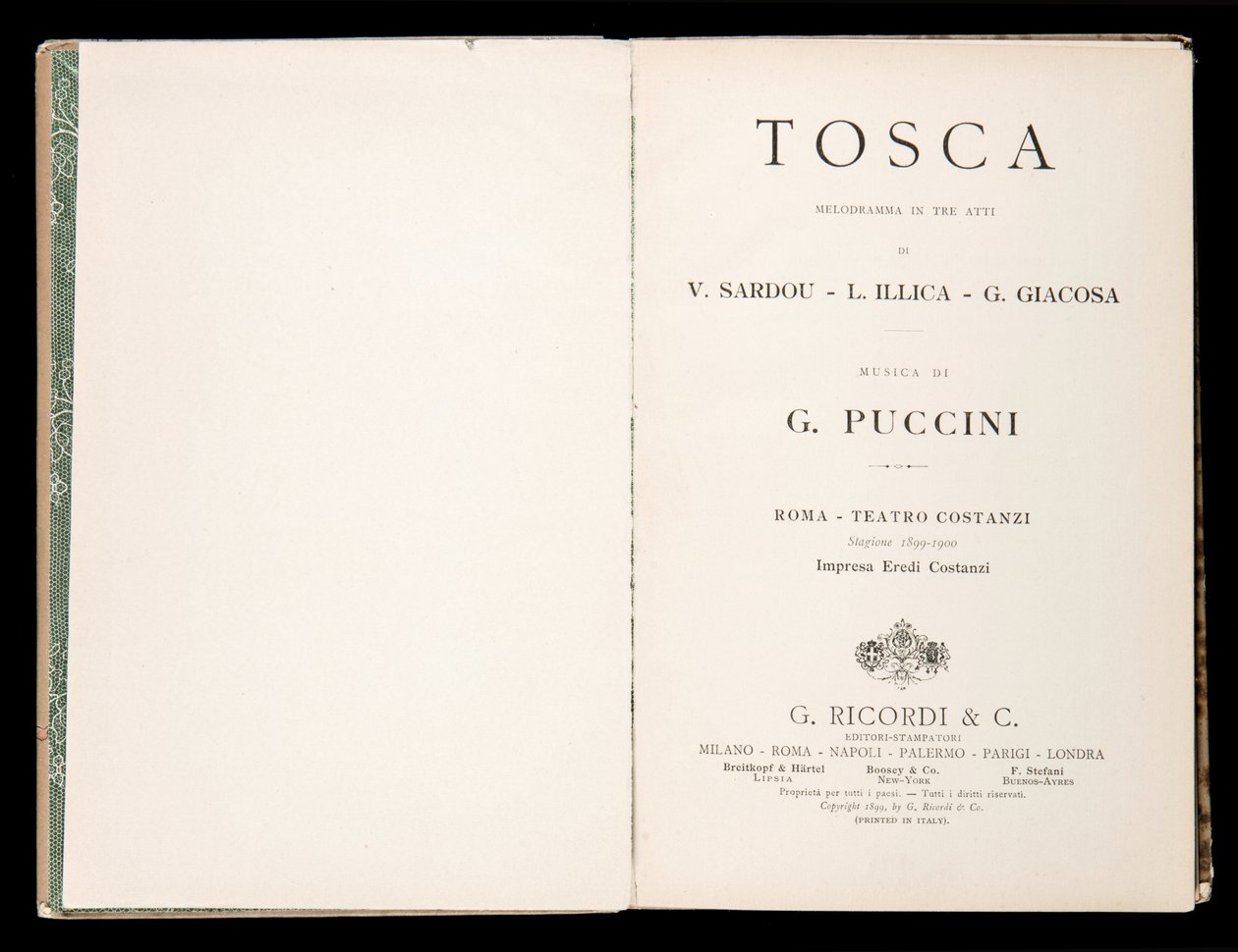 Tittelside, Libretto della Tosca, av Giacomo Puccini, Ricordi Edition, Italia av Italian School