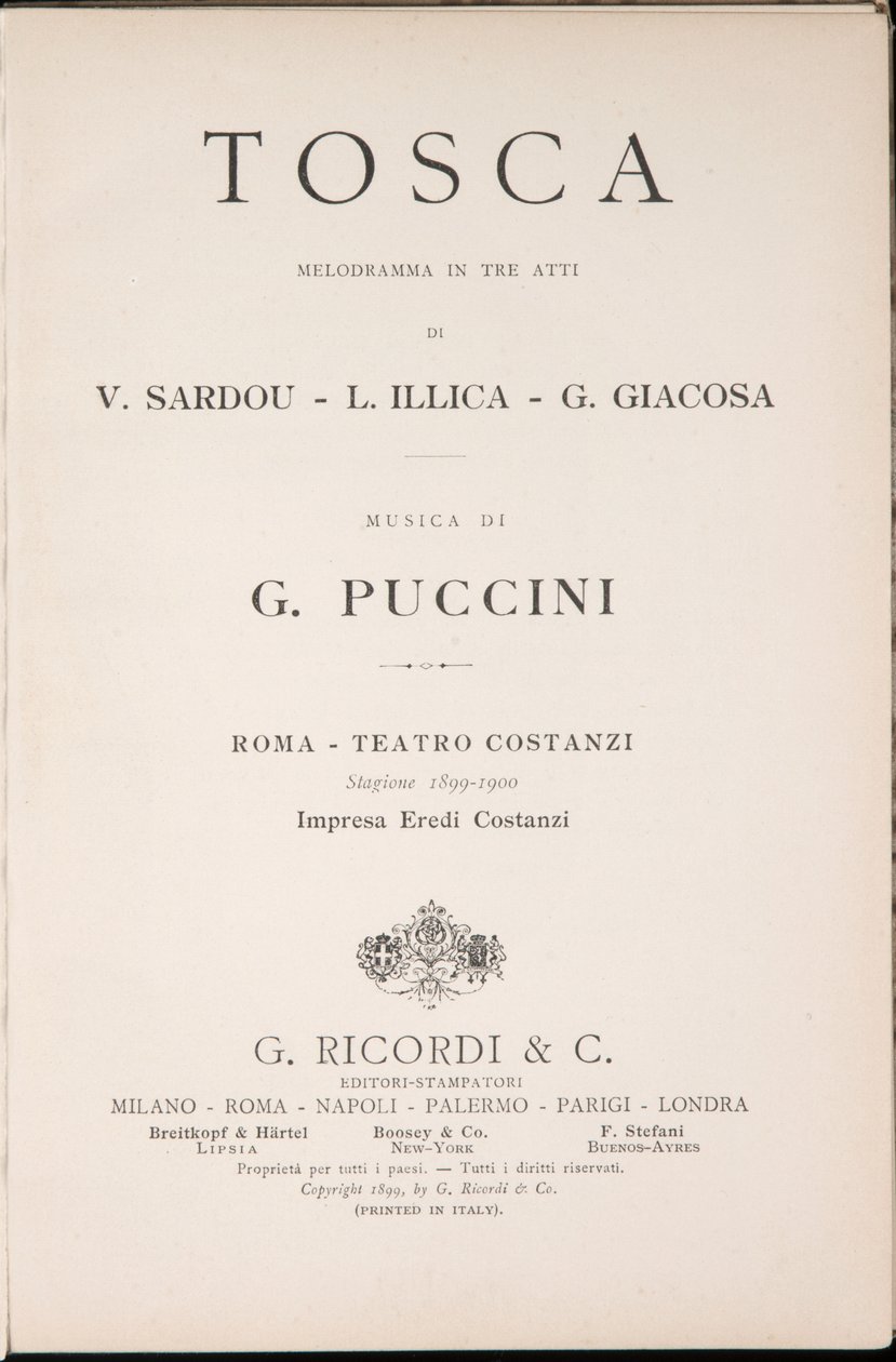 Tittelside, Libretto della Tosca, av Giacomo Puccini, Ricordi Edition, Italia av Italian School