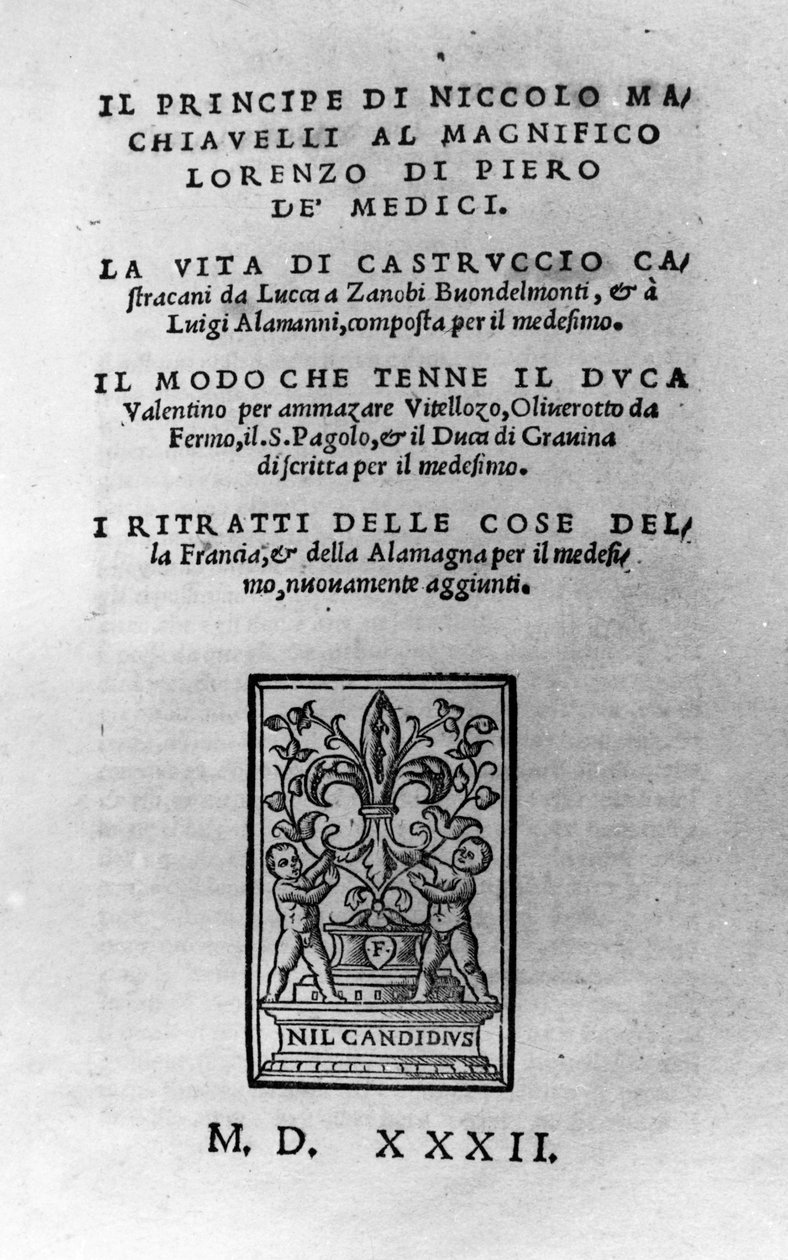 Tittelside til 'Prinsen og andre verk, av Niccolo Machiavelli av Italian School
