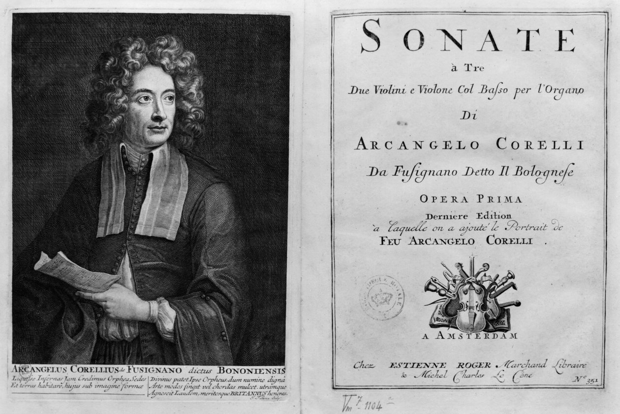 Tittelsiden til Sonate a Tre med et portrett av Arcangelo Corelli (1653-1713) av Italian School