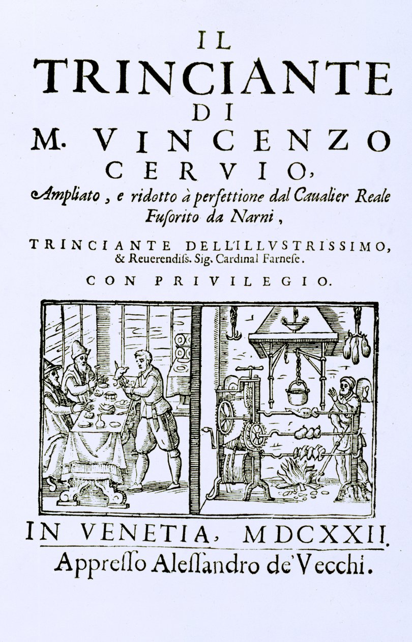 Tittelside på en italiensk kokebok, pub. Venezia, 1622 av Italian School