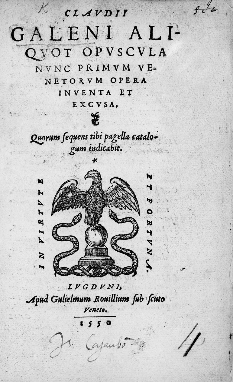 Tittelside til Claudius Galen: En samling verk av Claudius Galen, utgitt i 1550 (trykk) av Italian School