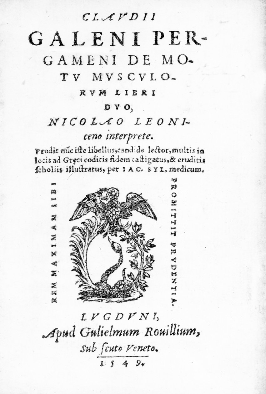 Tittelside til Claudius Galens Pergameni De Motu Musculi Libri Duo, en samling verk av Claudius Galen, utgitt i 1549 (trykk) av Italian School